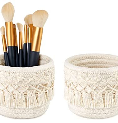 Mkono Macrame Makeup Brush Holder Organizer Comb Brushes Mini Storage Basket Set of 2 Boho Decor Baskets for Pen Pencil Box Container ,Ivory
