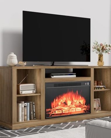 YESHOMY Electric Fireplace TV Stand for Televisions up to 65+ Inch, Media Entertainment Center Console Table with Four Open Storage Shelves & Cabinets, 58 Inch, Barnwood