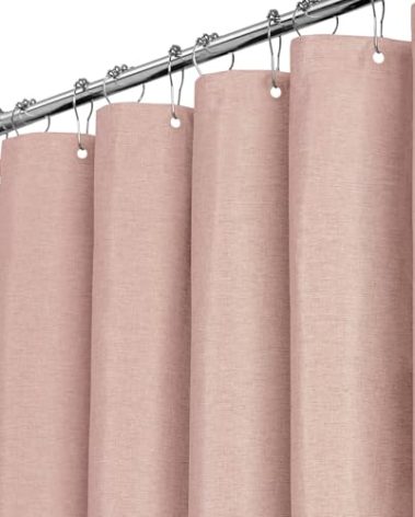 BTTN Stall Fabric Shower Curtain - 36x72 Inch Narrow Linen Textured Heavy Duty Shower Curtain Set with 6 Plastic Hooks, Half Neutral Minimalist Waterproof Shower Curtains for Bathroom - Blush Pink