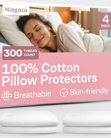 100% Cotton 4-Pack Pillow Protectors with Zipper Standard Size – 100% Resistant to Stains, Dust & Dirt – Washable Covers for Increased Pillow Lifespan