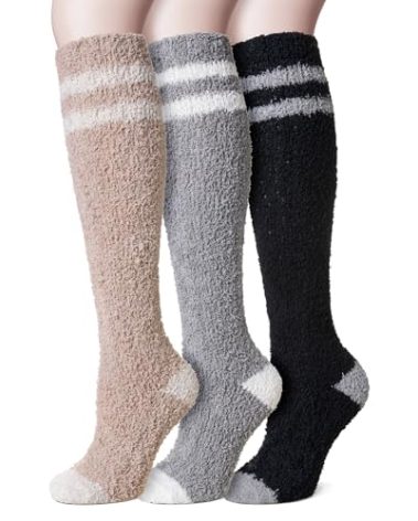 Velice Fuzzy Socks for Women 3 Pairs Knee High Fluffy Soft Warm Stocking Cozy Slipper Plush Winter Long Christmas Socks(Grey/Black/Khaki Stripe)
