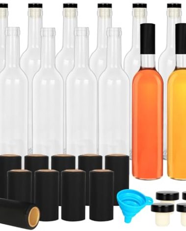 DHSBTLS 12 Pack 500 ml/16 oz Clear Glass Bottles With Cork Lids & Seal Shrink Capsules Caps,Home Brewing Wine & Juicing Bottles For Bordeaux Wine,Beverage, Sparkling Wine,Kefir,Decor