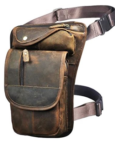 Le'aokuu Mens Genuine Leather Bike Cycling Waist Hip Bum Pack Drop Leg Bag(X3112 Dark Brown)