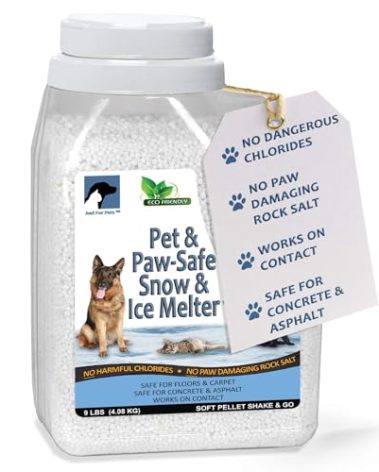 JUST FOR PETS Snow & Ice Melter Safe for Pets & Paws Contains No Toxic Chlorides or Painful to The Paw Rock Salt, Safe for Dogs & Cats. Fast Acting and Works On Contact 9 lb. Shaker Jug