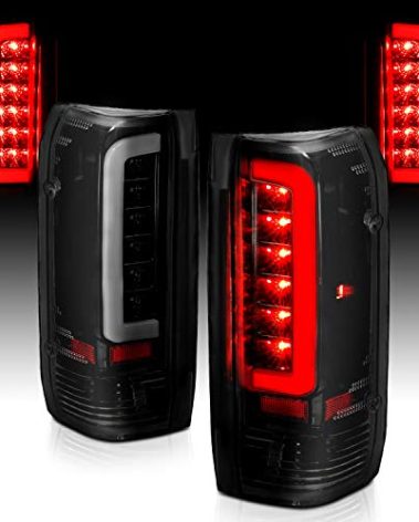 AmeriLite Truck 3D C-Type Halogen, Led, Tube Dark Smoke Replacement Tail Light Set For 1989-1996 Ford F150 Bronco F250 F350 - Passenger and Driver Side, Vehicle Light Assembly, Black