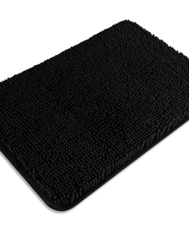PureSwan Black Bathroom Rugs – Absorbent and Washable Bath Mat, Non-Slip, Thick Soft Chenille Bath Rugs for Bathroom Floor, Shower - 17" x 24"