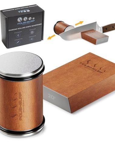 Rolling Knife Sharpener Kit for Kitchen – Chef Knife Sharpening Tool with 15° & 20° Magnetic Angle, Wooden Roller Base, Diamond Discs – Easy Manual Sharpener System