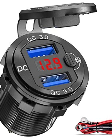 [Upgraded Version] Quick Charge 3.0 Dual 12V USB Car Charger, Aluminum Socket with Red Digital Voltmeter, Waterproof Car Outlet with Power Switch Button, for Marine Boat Motorcycle Truck Golf Cart etc
