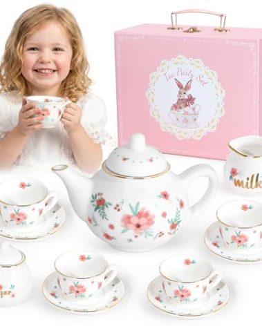 Porcelain Tea Set for Girls, Tea Party Set for Little Girls, Kids Tea Set Kitchen Pretend Play, Princess Tea Time Playset with Ceramic Teapot Cups Carry Case, Toddler Girl Toys Birthday Gifts Age 3+