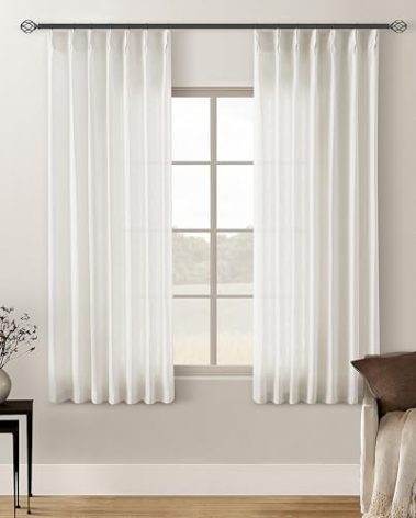 Natural Pinch Pleated Linen Curtains 2 Panels 63 Inch Length for Dining Living Room Memory Training Shaped Cream Birch Semi Sheer Short Pleat Drapes with Hooks Rings Bedroom Window Curtain 40x63