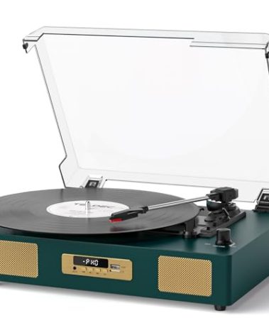 Vinyl Record Player with Enhanced Speakers, Wireless Bluetooth Playback, USB/SD Recording, 3-Speed Belt Drive Turntable, Vintage LP Player Support RCA Output AUX Input EQ,Dark Green