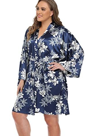iFigure Women's Plus Size Satin Robes Floral Short Dressing Gown Party Robes, Floral Navy, 3X
