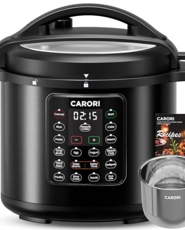 CARORI 1200W 12-in-1 Electric Pressure Cooker 8Qt, Stainless Steel Pressure Cooker, Slow Cook Rice Cooker Steamer Sauté, Yogurt Maker, Warmer & Sterilizer with Recipe, Safer Venting Design, Black