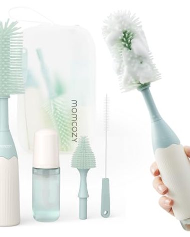 Momcozy Bottle Brush Kit, Innovative Push-Press Design for Better Cleaning - Baby Bottle Cleaner Brush for Baby Bottle, Breast Pumps, Nipples, and More - Can Generate Foam for Better Cleaning, Green
