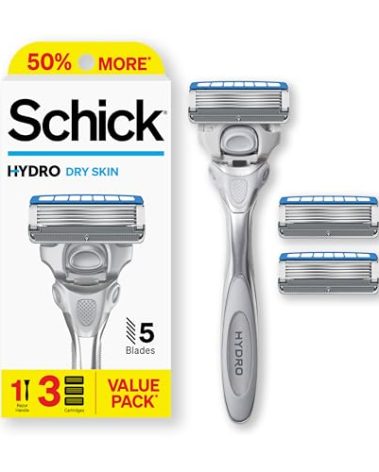 Schick Hydro Dry Skin Razor, 1 Razor Handle and 3 Cartridges | Razors for Men, 5 Blade Razor Men, Mens Razors for Shaving, Razor Blades for Men, 1 Handle with 3 Razor Blades Refills