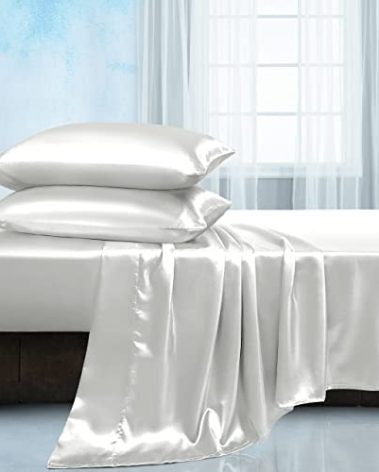 Manyshofu Satin Queen Sheets Set - 4 Piece Soft Silky Satin Sheets, Ivory White, Cooling & Luxury Bedding Set (1 Fitted Sheet, 1 Flat Sheet, 2 Pillow Cases)