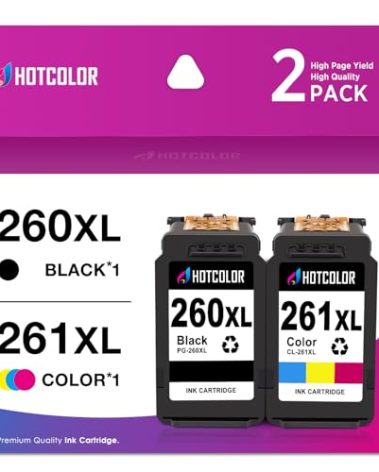 HOTCOLOR PG-260XL CL-261XL Ink Cartridge for Canon 260 and 261 Ink cartridges for Canon Ink 260 and 261 cartridges for Canon ts6420 Ink Pixma TS6400 TS6420a TR7020a TS5320 Printer(1Black/1Tri-Color)