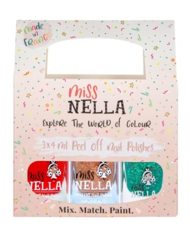MISS NELLA CHRISTMAS SPARKLE- Peel Off, Odour Free, Water Base & Safe for kids nail polish pack of 3- green (glitter), red & gold (glitter)