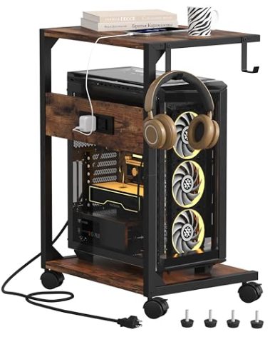 Akxomel 2 Tier Computer Tower Stand with Charging Station, 11.8" D x 16.5" W Rolling Floor PC Tower Stand Fits Under Desk, CPU Holder Cart for Carpet with Hooks, C Shaped End Table for Home Office