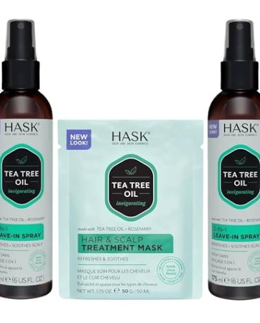 HASK Invigorating TEA TREE OIL 5-in-1 Leave In Conditioner Duo (6oz-Qty 2) & Deep Conditioner Packette, Aluminum-Free, Sulfate-Free, Paraben-Free, Color Safe, for All Hair Types