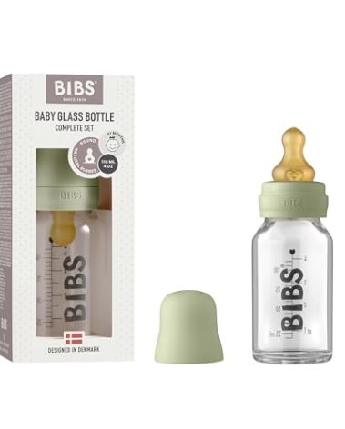 BIBS Baby Glass Bottle Complete Set 110 ml | BPA Free Natural Rubber | Made in Denmark | Sage
