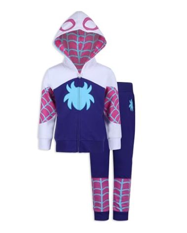Marvel Girls Spider-Gwen Ghost Spider Zip Up Hooded Sweatshirt and Pants Set for Toddler and Big Kids