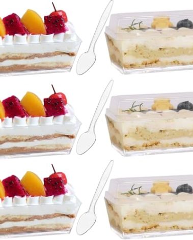 Wnqou 4.8oz/140ml Clear Dessert Cups with Lids and Spoons,50Pcs Reusable Plastic Rectangle Dessert Cups,Mini Serving Bowl for Desserts Mousses,Puddings,Party