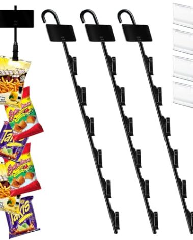 Chip Hanger Strips Hooks Display Hanging 16.5" with 6 Chip Greeting Card Party Merchandise Vendors Potato Bag Holder Snack Candy Portable Retail Organizer Storage Metal with Label Header 4 Pack