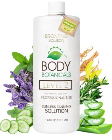 Body Botanicals, Professional Sunless Tanning Spray Tan Solution, Organic Essential Oils, Airbrush Formula, 33.8 Fl Oz. (Level 2 (10% DHA))