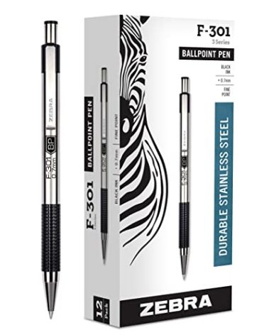 Zebra Pen F-301 Ballpoint Black Ink Fine Point 0.7mm Pen, Easy-Glide Ink, Stainless Steel Retractable, Non-Slip Grip, Professional Design, Ideal for Office, Journal and Planner Use, 12-Pack (27110)