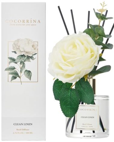 Cocorrína Flower Reed Diffuser - Clean Linen 6.7oz Scented Diffuser with Sticks Home Fragrance Essential Oil for Bathroom Shelf Decor (Artificial Flower)