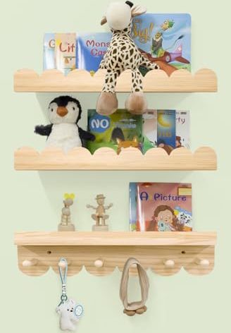 icnjdMopclean Nursery Shelves for Wall with Hooks-Scalloped Wall Book Shelves for Bedroom Kids Set of 3, Nursery Furniture Must Have, 16 Inch, Natural