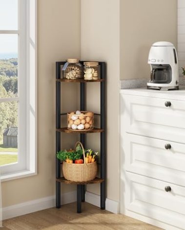 Tajsoon Small Corner Shelf Stand 3 Tier 39.6" Industrial Corner Display Shelf Shelving Unit, Corner Tables for Small Spaces, Bedroom, Living Room, Office, Kitchen, Rustic Brown