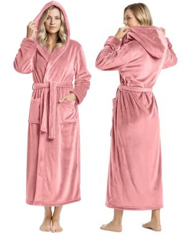 NY Threads Premium Womens Robe with Hood, Plush Fleece Long Bath Robe for Women, Fluffy Soft Women's Bathrobe, Large, Coral