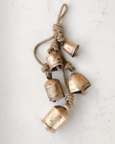 LIMBAD Handmade Iron Bell Hanging Chime Brass Finish Wall Rope 5 Bells Cluster Wall Hanging Décor Bells, 29 Inch Long Hanging Bell Set - for Wreaths, Outdoor, Indoor, Christmas, Decorations