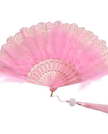 Fumwase Foldable Feather Fan Embroidered Flower Handheld Chinese Folding Fans 1920s Feather Fan Flapper Hand Fan for Costume Party Wedding Dancing Decoration (Pink)