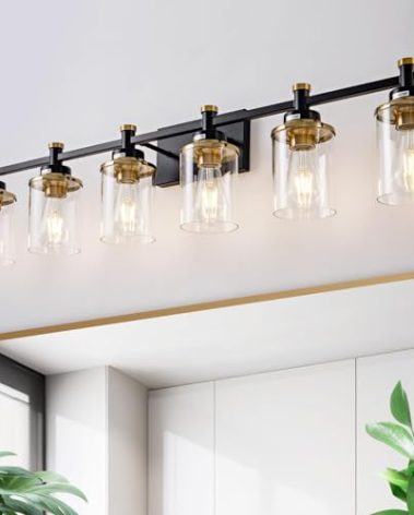 Aixialin 6 Bathroom Vanity Lights, Black and Gold Bathroom Light Fixtures, Sconces Wall Lighting with Clear Glass Shade, Modern Brushed Gold Vanity Lighting Fixtures for Bathroom, Bedroom, Hallway