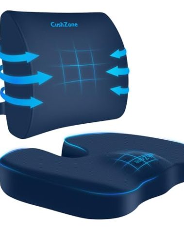 CushZone Seat Cushion, Lumbar Support Pillow with Adjustable Strap-Chair Cushions for Sciatica Pain Relief-with Washable Cover Memory Foam for Car, Travel and Wheelchair-Blue