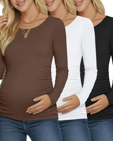 Ficerd 3 Pack Women's Maternity Shirts, Long Sleeve Side Ruched Pregnancy Tee Tops Crew Neck Casual Mama Clothes Basic Tunic(Black, White, Coffee,Medium)