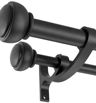 Matte Black Double Curtain Rods, 72 to 144 Inch, Decorative with Cap Finials, 1-Inch Front, 5/8 Inch Back, Adjustable Dual Rods