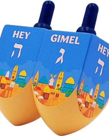 The Dreidel Company 2- Pack Extra Large Jerusalem Wood Dreidels, Let's Play Dreidel The Hanukkah Game, (2-Pack)