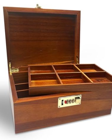 Large Acacia Wooden Storage Box with Hinged Lid and Combination Lock Decorative Boxes with Removable Tray Memory Box Keepsake Chest Stash Boxes Lockable Chest for Jewelry Accessories Treasured Items