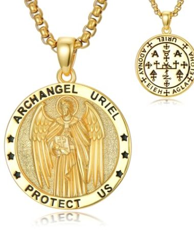 Seiyang Gold Plated Archangel Uriel Necklace for Men 925 Sterling Silver Saint Uriel Medal St. Uriel Pendant Protection Jewelry Religious Gifts for Men