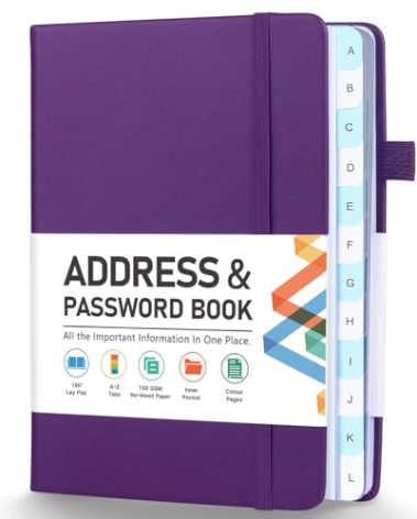 Address Book with Alphabet Tabs, Small Address and Password Keeper Book for Seniors, Hardcover Phone Book, Address Organizer with Pocket, Record Contacts, Color Pages, 4.4″x 5.8″, Purple