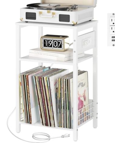 Yoobure Record Player Stand, 3-Tier White Side Table with Charging Station, Small End Table Record Holder with Vinyl Storage, Beside Tables Turntable Stand for Album CD, Night Stand for Living Room