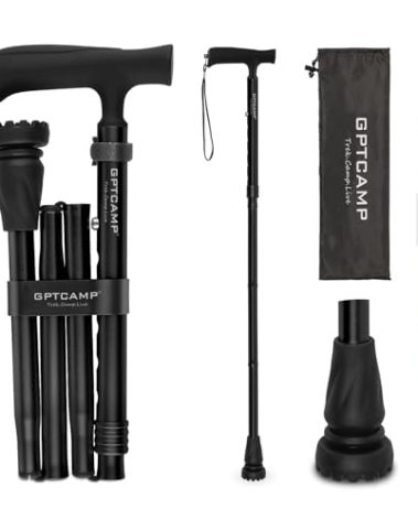 GPTCAMP G2 Walking Stick, Fold-up Walking Cane for Women and Men with Wrist Strap, Portable, Foldable, Collapsible, Lightweight and Sturdy with Comfortable T Handle