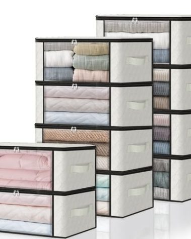 HomeHacks Storage 10-Pack Clothes Organizer Storage Bags Foldable Storage Box with Large Clear Window Sturdy Handles for Closet, Dorm, Pillows, Bedding, Clothes, Blankets, 35L, Ivory