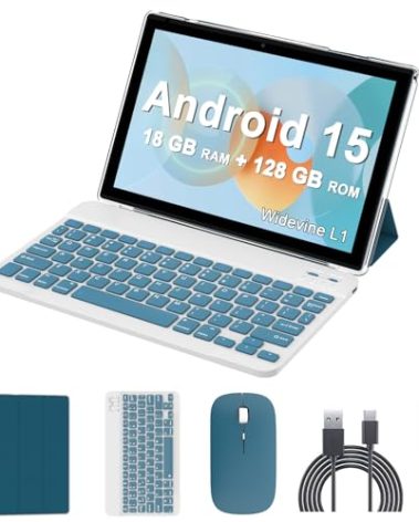 Android 15 Tablet, 10 inch 2 in 1 Tablets with Keyboard, 18GB RAM 128GB ROM 2TB Expand, Quad-Core 2.0Ghz CPU, 5G WiFi 6, BT5.0, 1280x800 HD Touchscreen, 6000mAh, Widevine L1, Google Tablet, Navy
