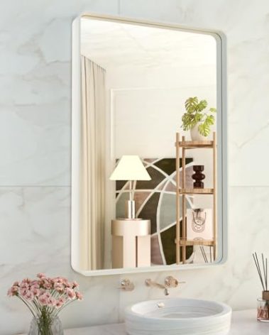 WEER White Bathroom Mirror 24X36 Inch, Rounded Rectangle White Metal Frame Mirror, Matte White Bathroom Vanity Mirror with Tempered Glass, Anti-Rust, Hangs Horizontally or Vertically