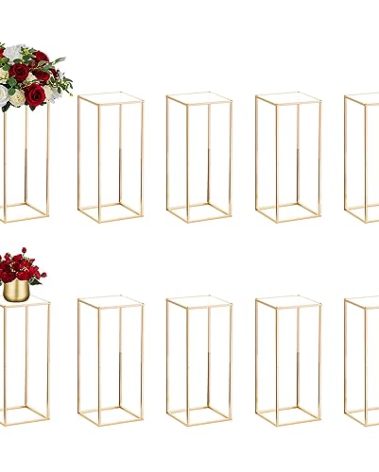 Nuptio Wedding Centerpieces Gold Vases: 10 Pcs 23⅝ inch Tall Flower Stand Metal Floor Vase Column Geometric Centerpiece Stands Rectangular Display Rack for Weddings Party Decoration